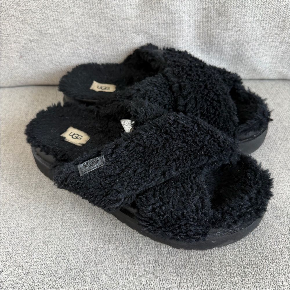 UGG Black Plush Cross-Band Slide Slippers